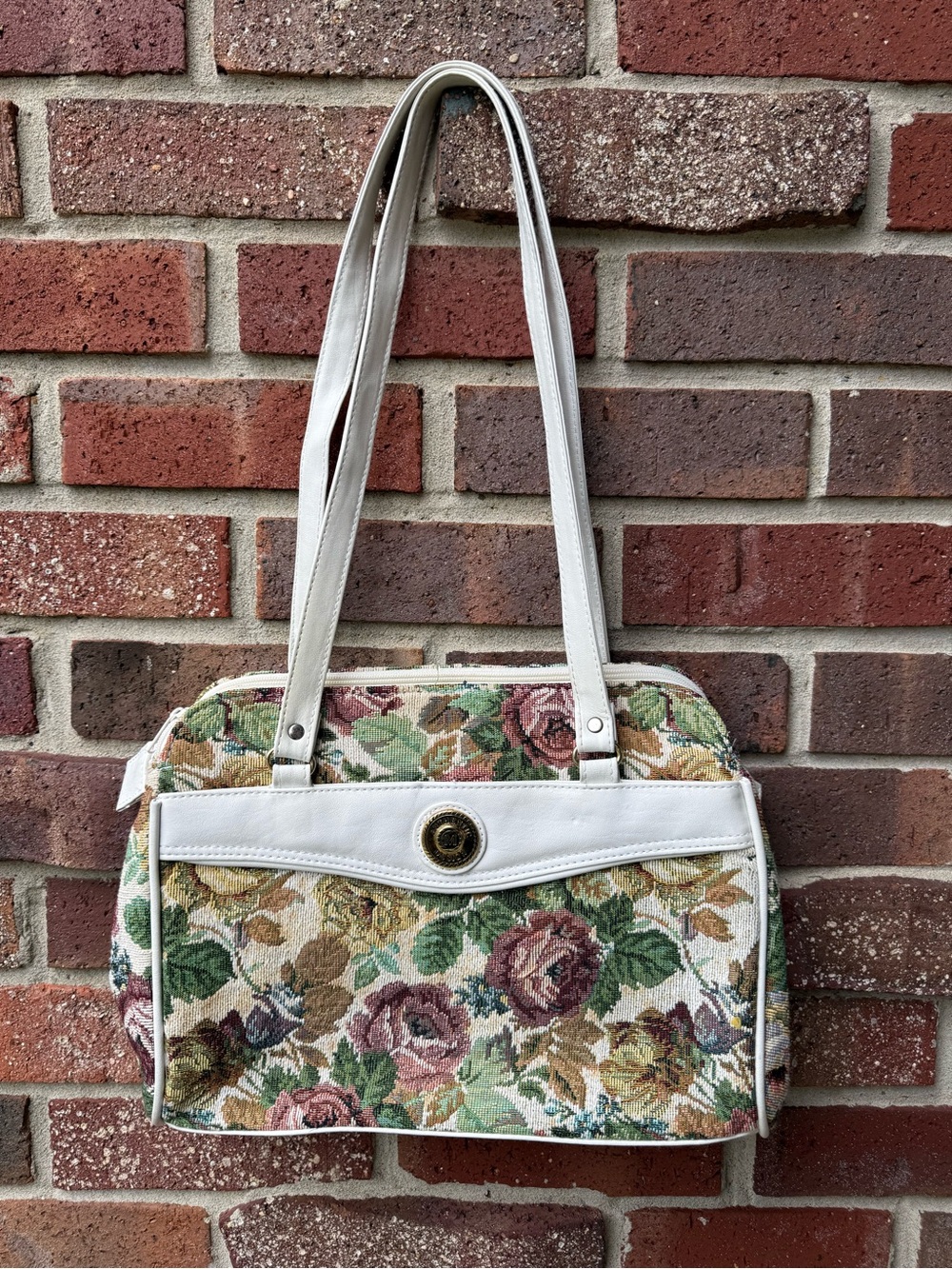 Vintage Floral Tapestry Shoulder Bag with White Trim